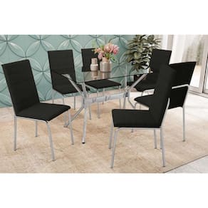 Conjunto: Mesa de Cozinha Loire c/ Tampo de Vidro 120x80cm e 6 Cadeiras Amsterdã Cromada - Courano Preto - Kappesberg
