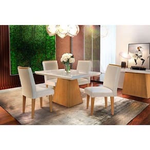 Conjunto: Mesa de Cozinha Luna Tampo Madeirado c/ Vidro Canto Reto 120x80cm e 4 Cadeiras Lunara Capuccino/Suede Creme - Rufato