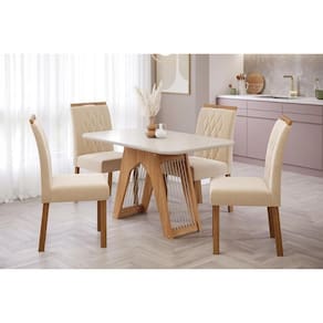 Conjunto: Mesa de Cozinha Carol Tampo Madeirado c/ Vidro 130x80cm e 4 Cadeiras Juliana Nature-Madeirado/Off White-Suede Nude Bege - Cimol