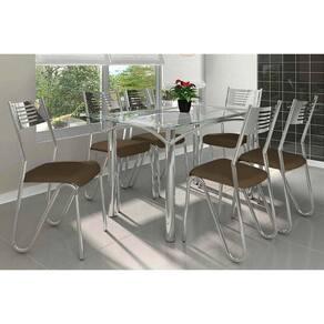Conjunto: Mesa Sala Jantar Elba c/ Tampo de Vidro 140cm e 6 Cadeiras Nápoles Cromada - Courano Marrom - Kappesberg