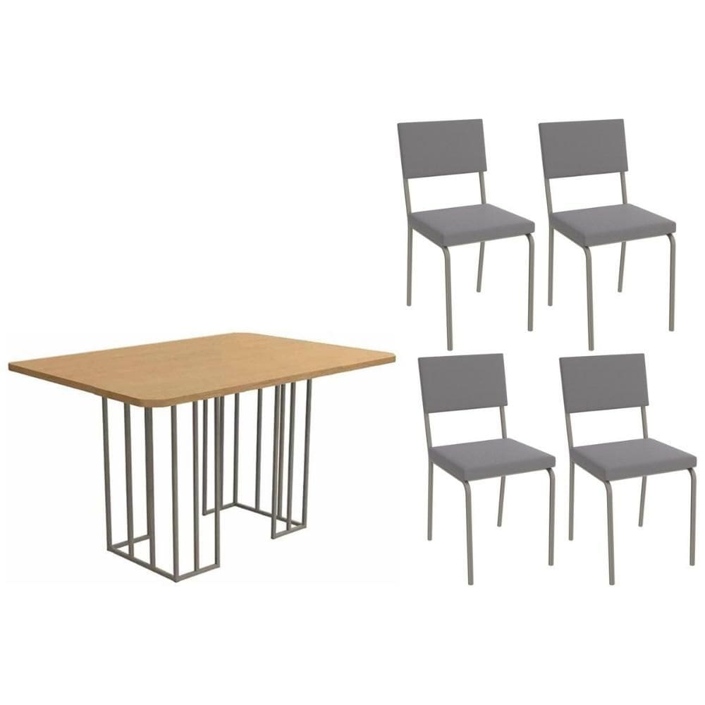 Conjunto: Mesa de Cozinha Duina c/ Tampo de Madeira 136cm e 4 Cadeiras Zaria Niquel/Freijo - Suede Cinza - Kappesberg