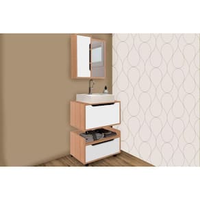 Bancada de Banheiro Balcão Suspenso BN3646 e Balcão c/ Rodízios BN3647 60cm e Armário c/ Espelho BN3648 60cm Amêndoa/Branco - Tecno Mobili