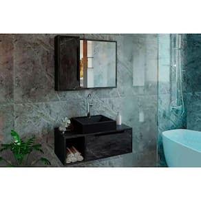 Bancada de Banheiro Balcão Suspenso BN3644 e Balcão c/ Rodízios BN3643 80cm e Armário c/ Espelho BN3645 80cm Mármore Lunar - Tecno Mobili