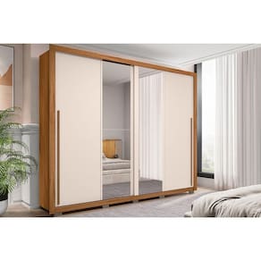 Guarda Roupa 2 Portas de Correr c/ Espelho e 4 Gavetas Praticus Lux Freijo/Off White - Caemmun