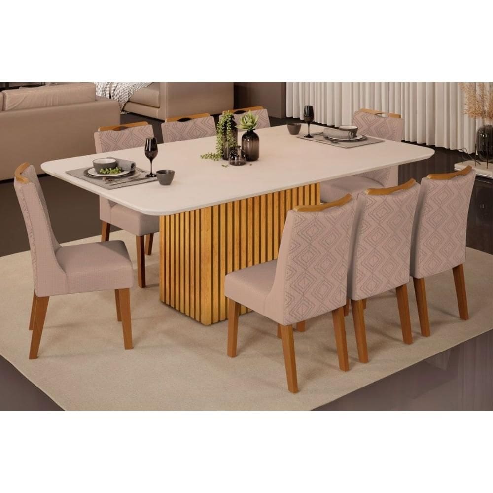 Conjunto: Mesa Sala Jantar Canes Tampo Madeirado c/ Vidro Curvo 200x100cm e 8 Cadeiras Stela Cedro/Off White - Ipe/Suede Kraft - DJ Móveis