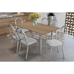 Conjunto: Mesa de Cozinha Elba c/ Tampo de Madeira 160cm e 6 Cadeiras Holanda Cromada/Nogueira - Courano Branco - Kappesberg
