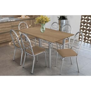 Conjunto: Mesa de Cozinha Elba c/ Tampo de Madeira 160cm e 6 Cadeiras Holanda Cromada/Nogueira - Courano Capuccino - Kappesberg