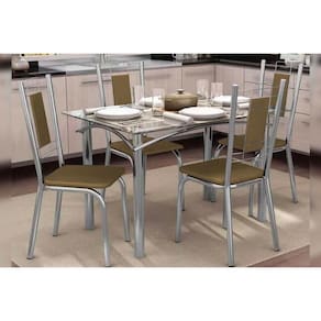Conjunto: Mesa Sala Jantar Elba Aço c/ Tampo de Vidro 120x80cm e 4 Cadeiras Florença Cromada - Courano Capuccino - Kappesberg