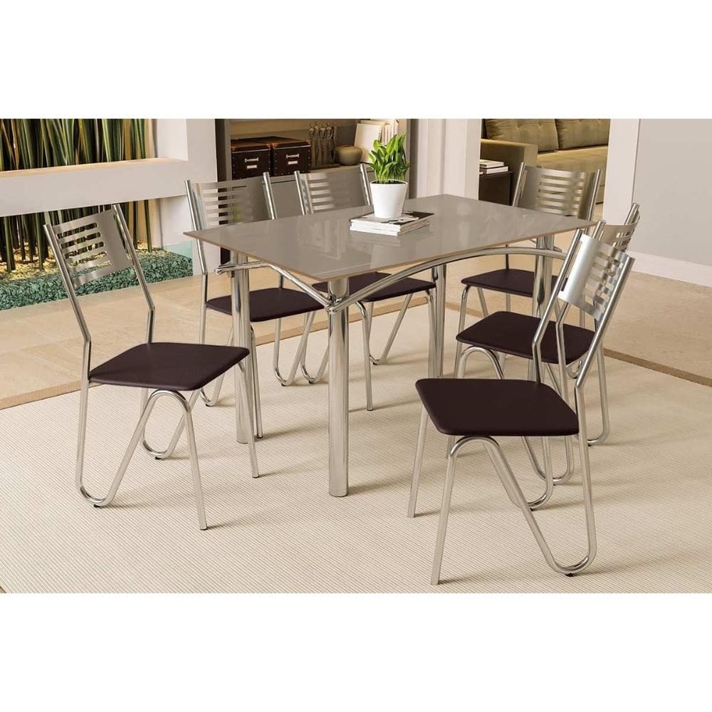 Conjunto: Mesa de Cozinha Elba Tampo Madeirado c/ Vidro 120cm e 6 Cadeiras Nápoles Cromada/Freijo Bronze - Courano Marrom - Kappesberg