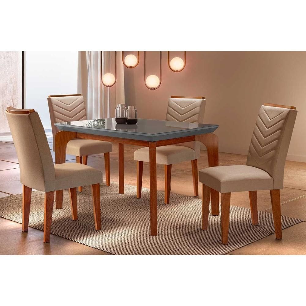 Conjunto: Mesa de Cozinha Londrina Tampo Madeirado c/ Vidro Curvo 120x80 e 4 Cadeiras Londrina Imbuia/Suede Capuccino - Rufato
