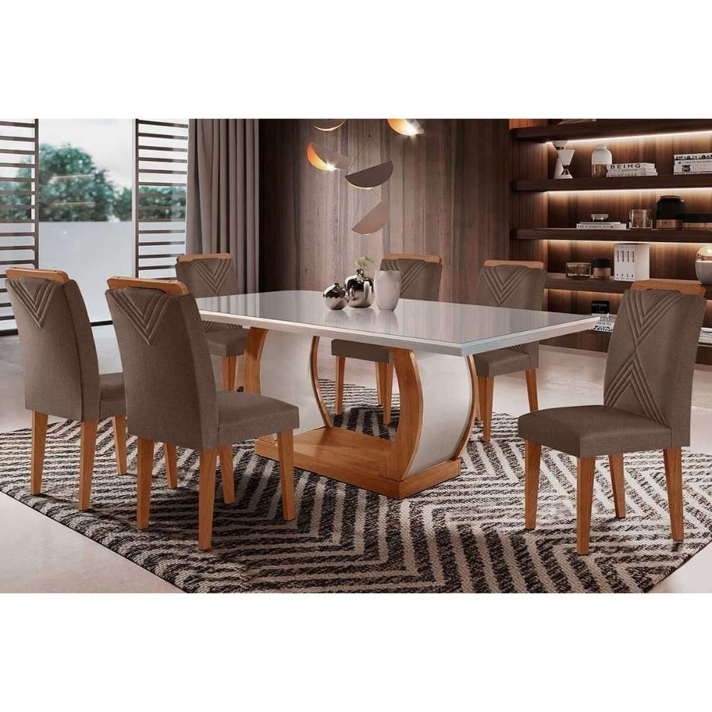 Conjunto: Mesa Sala Jantar Jade Tampo Madeirado c/ Vidro Curvo 180x90 e 6 Cadeiras Amsterdã Imbuia/Suede Capuccino - Rufato