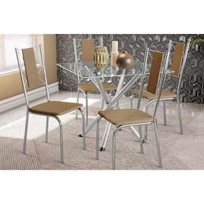 Conjunto: Mesa Sala Jantar Volga c/ Tampo de Vidro 90cm e 4 Cadeiras Lisboa Cromada - Capuccino - Kappesberg