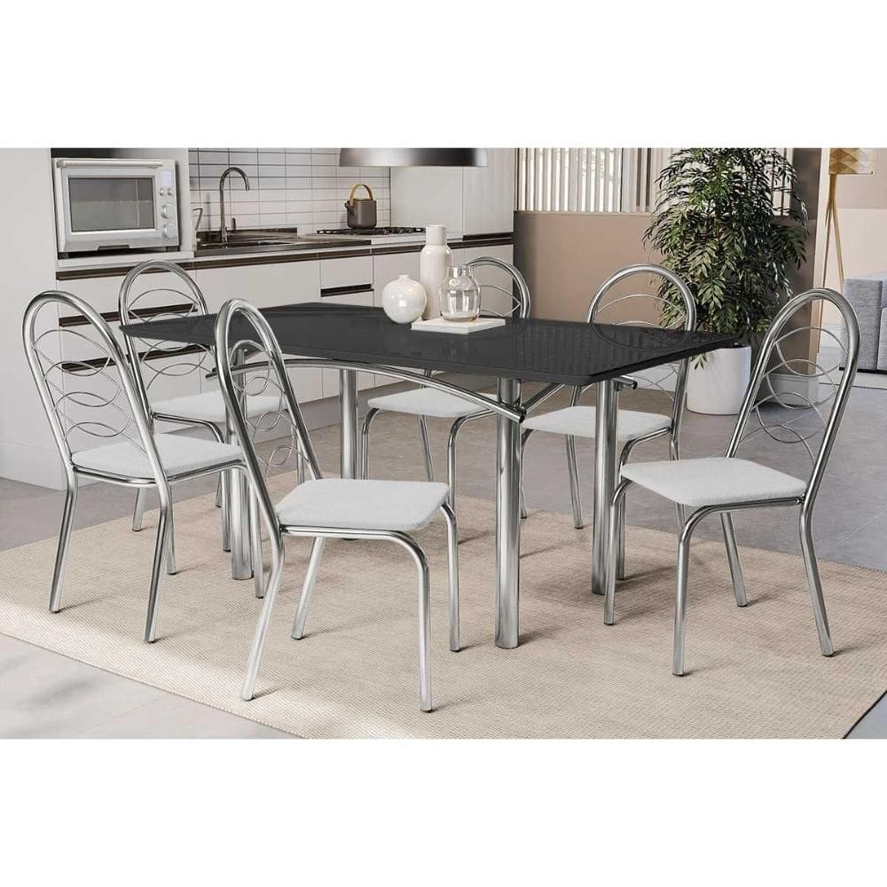 Conjunto: Mesa Sala Jantar Elba Tampo Madeirado c/ Vidro 160cm e 6 Cadeiras Holanda Cromada/Preto - Courano Branco - Kappesberg