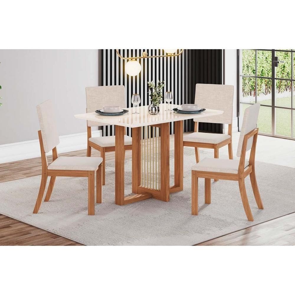 Conjunto: Mesa de Cozinha Natalí c/ Tampo Madeirado c/ Vidro Reto 120x80cm e 4 Cadeiras Milla Nature/Suede Light Linho - Henn
