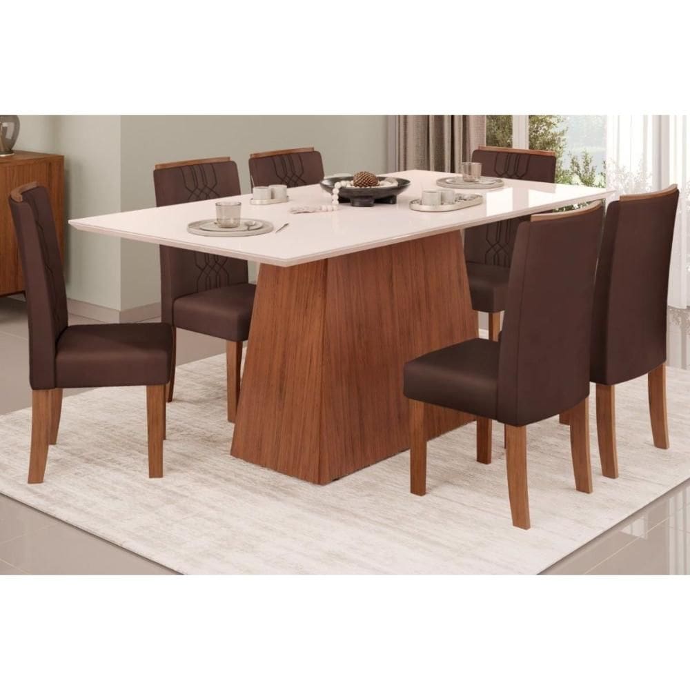 Conjunto: Mesa Sala Jantar Dulce Tampo Madeirado c/ Vidro Reto 180x90cm e 6 Cadeiras Zoe Freijo/Off White - Suede Moca - DJ Móveis