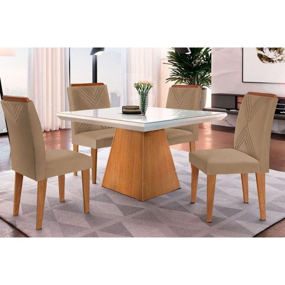 Conjunto: Mesa de Cozinha Luna c/ Tampo Madeirado c/ Vidro Canto Curvo 90x90cm e 4 cadeiras Amsterdã Imbuia/Off White - Suede Capuccino - Rufato
