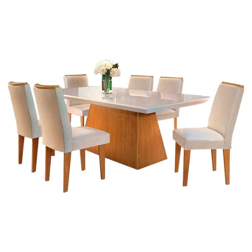 Conjunto: Mesa de Cozinha Luna Tampo Madeirado c/ Vidro Canto Reto 180x90cm e 6 Cadeiras Lunara Capuccino/Suede Creme - Rufato