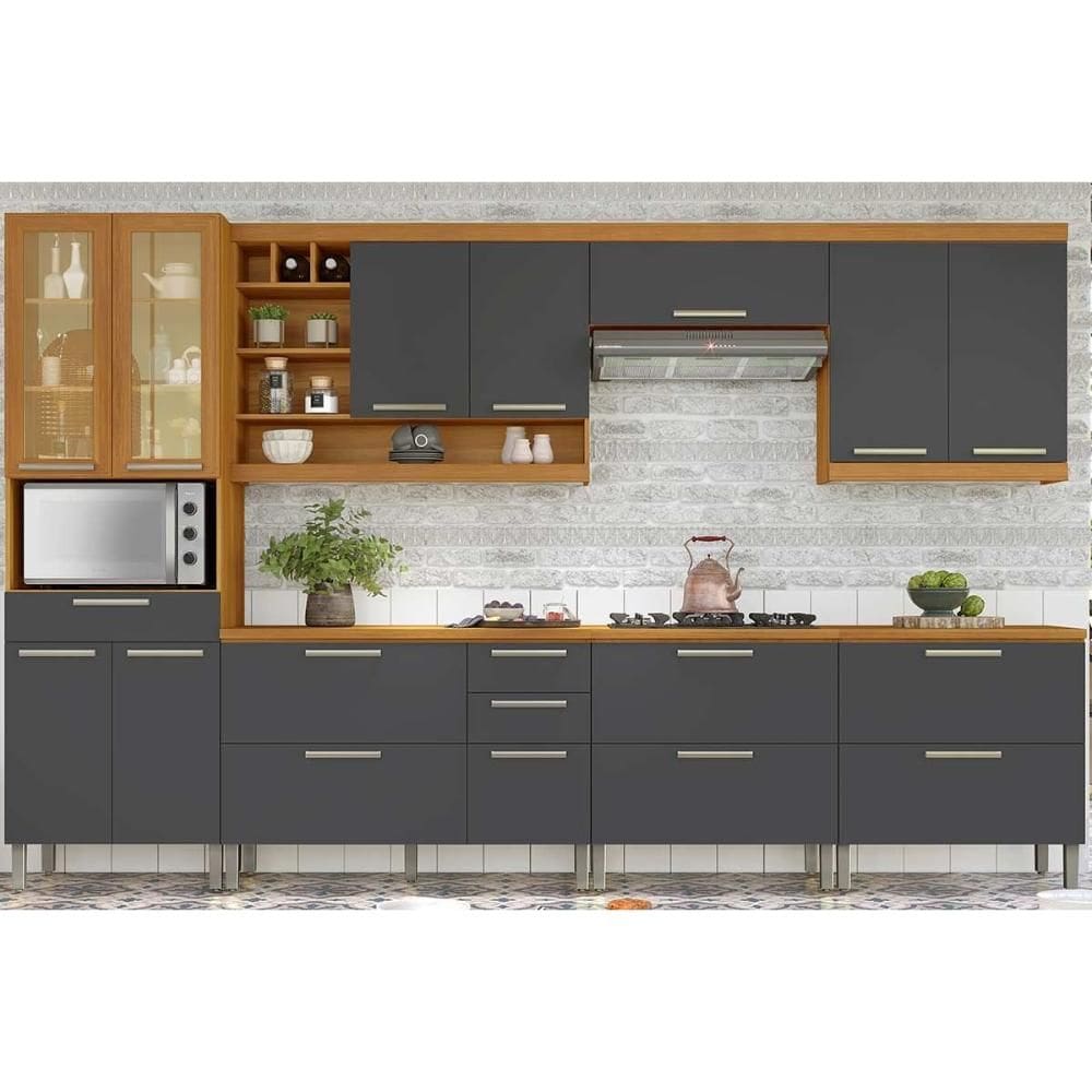 Cozinha Modulada Nesher Burguesa Premium 7 Peças (3Aéreos+3Balcões+1Paneleiro) C6P58 Freijo/Grafite-Nesher