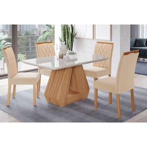 Conjunto: Mesa de Cozinha Ágata Tampo Madeirado c/ Vidro 130x80cm e 4 Cadeiras Juliana Madeirado/Suede Nude Bege - Cimol