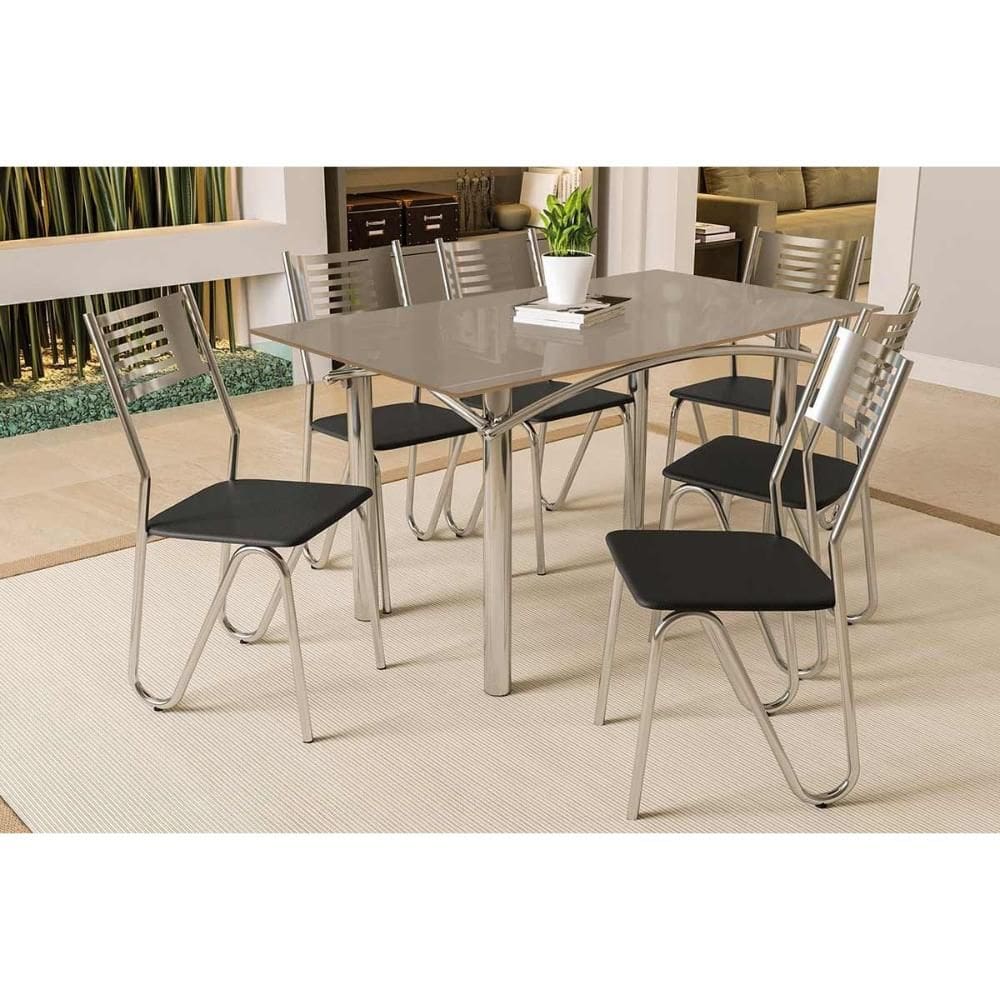 Conjunto: Mesa de Cozinha Elba Tampo Madeirado c/ Vidro 120cm e 6 Cadeiras Nápoles Cromada/Freijo Bronze - Courano Preto - Kappesberg