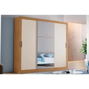 Guarda Roupa Casal 3 Portas de Correr (1 c/ Espelho) e 4 Gavetas Veneza Luxo Naturale/Off White - Rufato