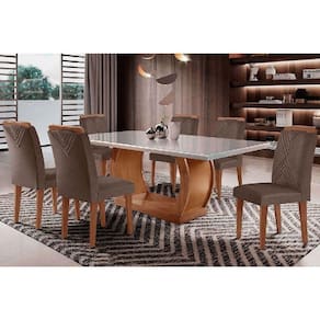 Conjunto: Mesa de Cozinha Jade Tampo Madeirado c/ Vidro Curvo 180x90 e 6 Cadeiras Amsterdã Imbuia/Suede Capuccino - Rufato