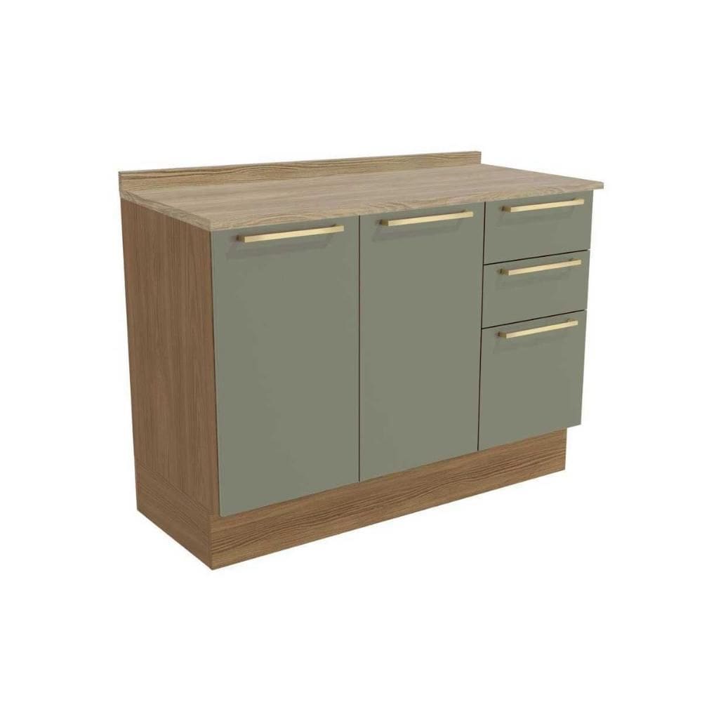 Gabinete p/ Pia Cozinha Balcão c/ Tampo Botanic M624 c/ 3 Gavetas e 2 Portas 120cm Nogueira/Oliva/Nogueira - Kappesberg