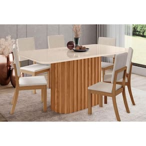 Conjunto: Mesa Sala Jantar Solana SC68 Tampo Madeirado c/ Vidro Canto Curvo 160x90cm e 6 Cadeiras Milla Nature/Suede Light Linho - Henn