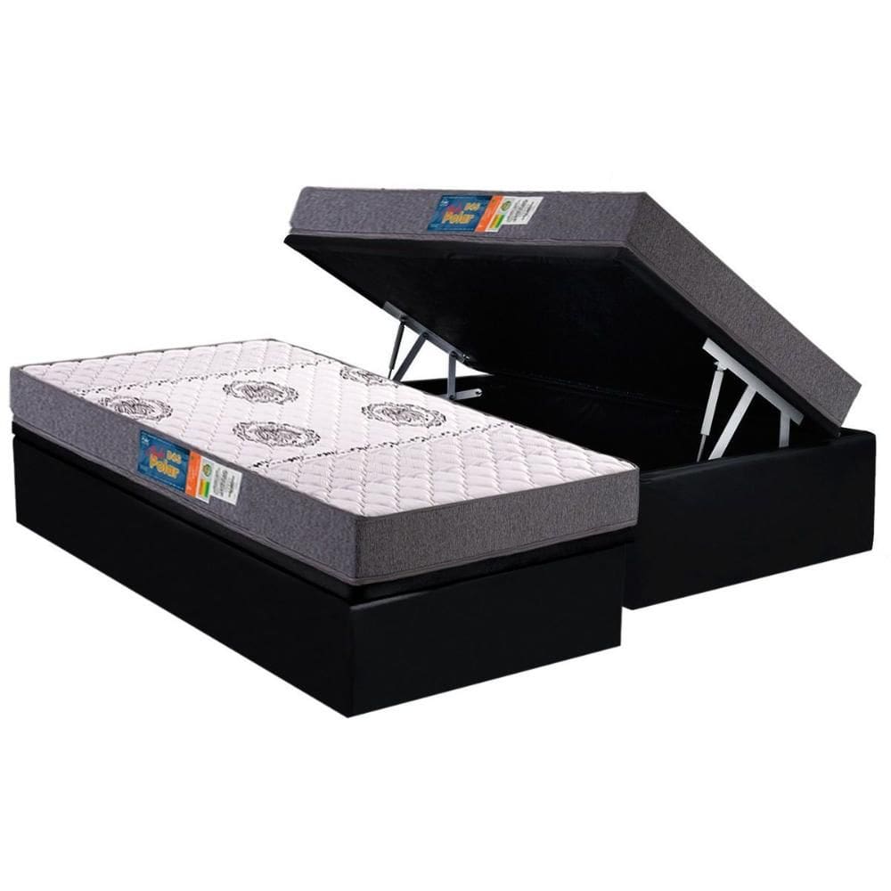 Cama Box Baú Solteiro: Colchão Espuma D33 Polar D45 Pérola Grey + Base CRC Suede Black (88x188)