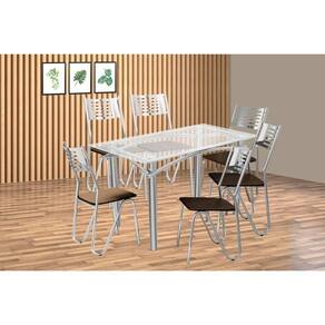 Conjunto: Mesa Sala Jantar Elba c/ Tampo de Vidro 120cm e 6 Cadeiras Nápoles Cromada - Courano Marrom - Kappesberg