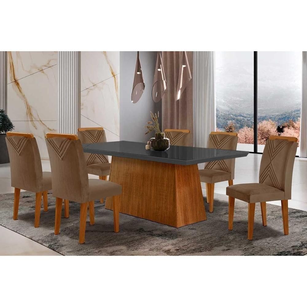 Conjunto: Mesa Sala Jantar Luna Tampo Madeirado c/ Vidro Reto 180x90 e 6 Cadeiras Amsterdã Imbuia/Suede Capuccino - Rufato