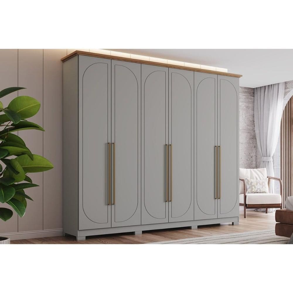 Guarda Roupa 6 Portas e 6 Gavetas c/ Pés Americano Prime Cinza/Nature - Henn