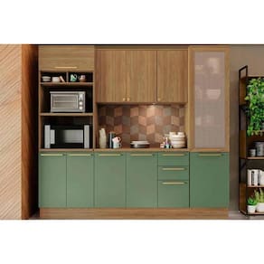 Cozinha Modulada Kappsberg Botanic Botanic 5 Peças (1Aéreo+1Balcão+2Paneleiros+1Complemento) M650 Nogueira/Verde Oliva-Kappesberg