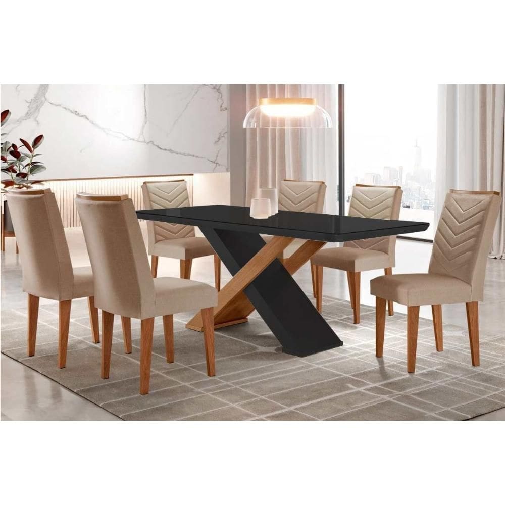 Conjunto: Mesa Sala Jantar Imperatriz Tampo Madeirado c/ Vidro Canto Curvo 180x90 e 6 Cadeiras Londrina Imbuia/Grafite - Suede Capuccino - Rufato