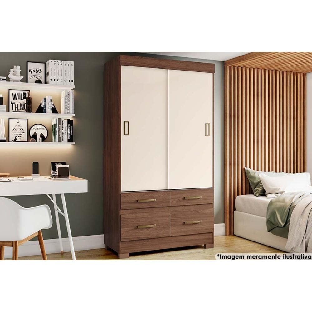 Guarda Roupa Solteiro 2 Portas de Correr e 4 Gavetas c/ Pés Briz BE25 Flex Castanho/Castanho ou Off White - Henn