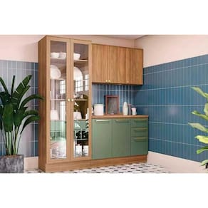 Cozinha Modulada Kappsberg Botanic Botanic 4 Peças (1Aéreo+1Balcão+1Cristaleira+1Complemento) M656 Nogueira/Verde Oliva-Kappesberg