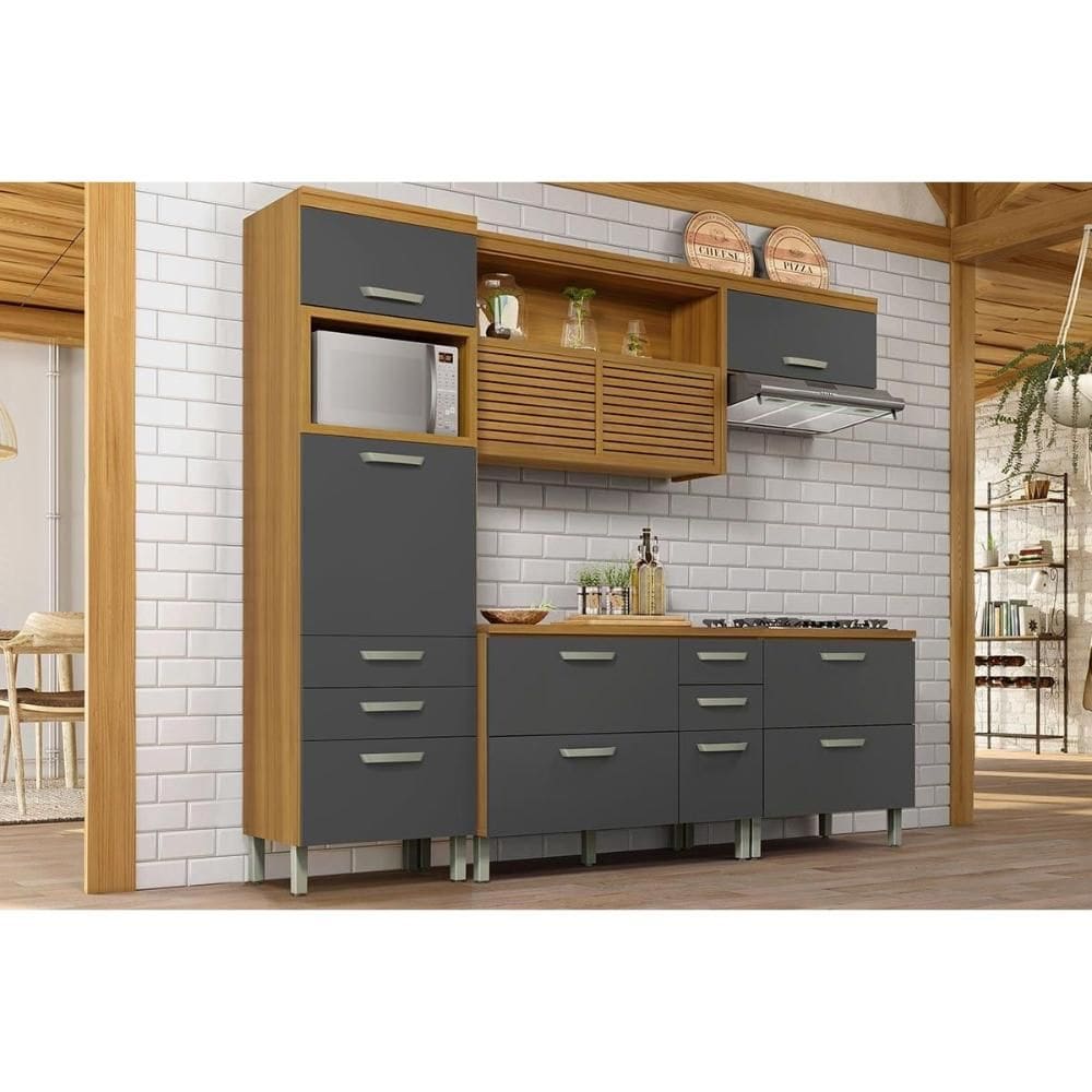 Cozinha Modulada Nesher Princesa 4 Peças (1Aéreo+2Balcões+1Paneleiro) C6P59 Freijo/Grafite-Nesher