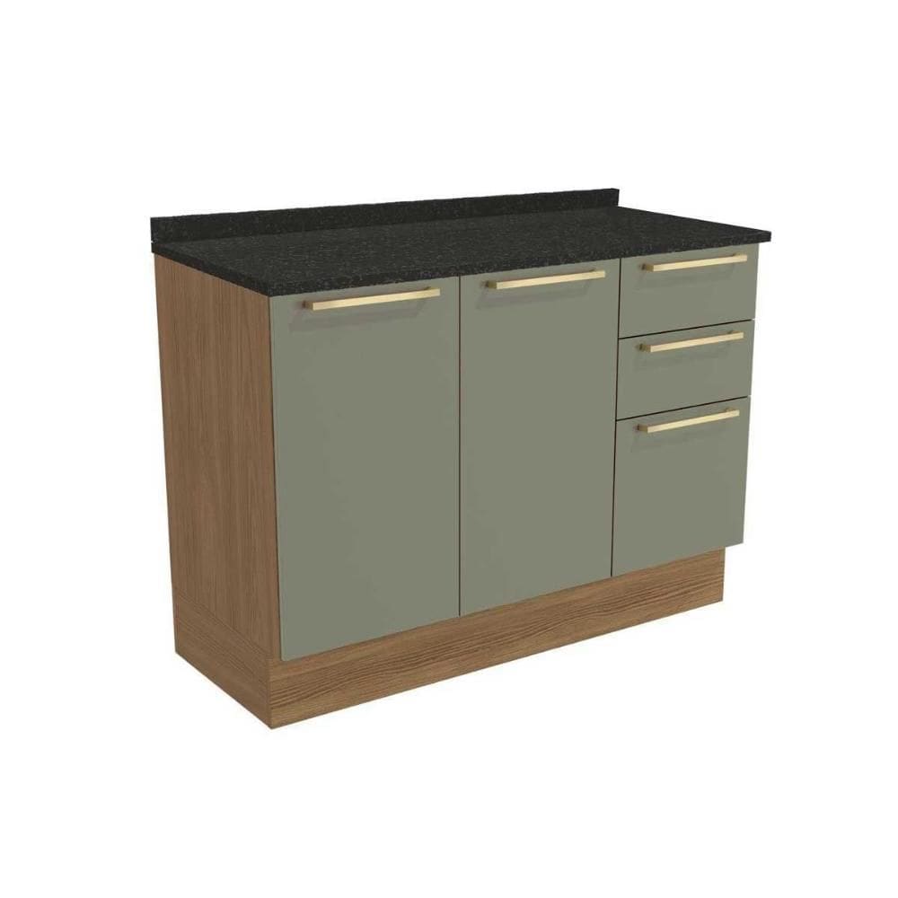 Gabinete p/ Pia Cozinha Balcão c/ Tampo Botanic M624 c/ 3 Gavetas e 2 Portas 120cm Nogueira/Oliva/Preto Brilho - Kappesberg