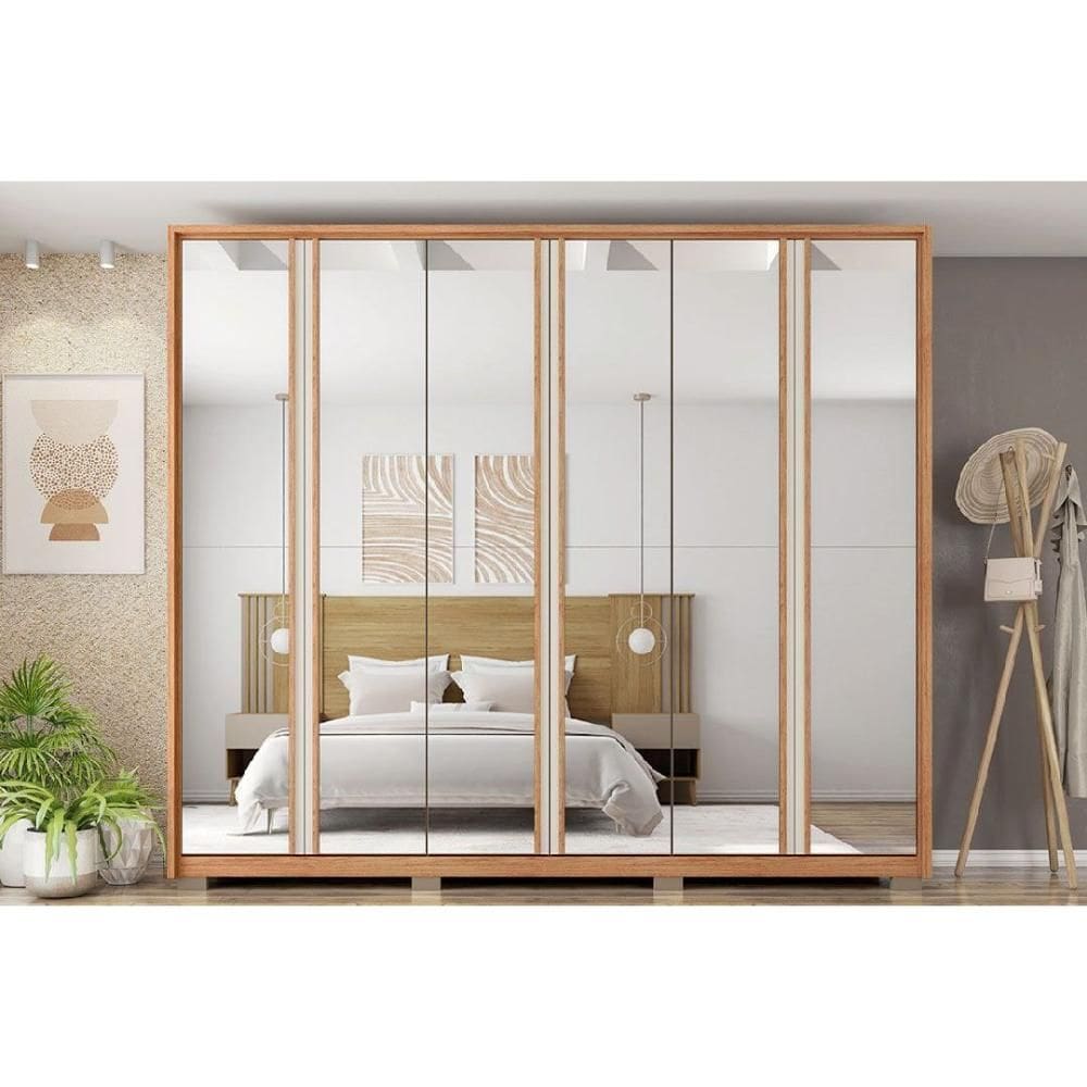 Guarda Roupa 6 Portas c/ Espelho e 4 Gavetas Gladiador Double Lux Freijo/Off White - Caemmun