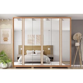 Guarda Roupa 6 Portas c/ Espelho e 4 Gavetas Gladiador Double Lux Freijo/Off White - Caemmun