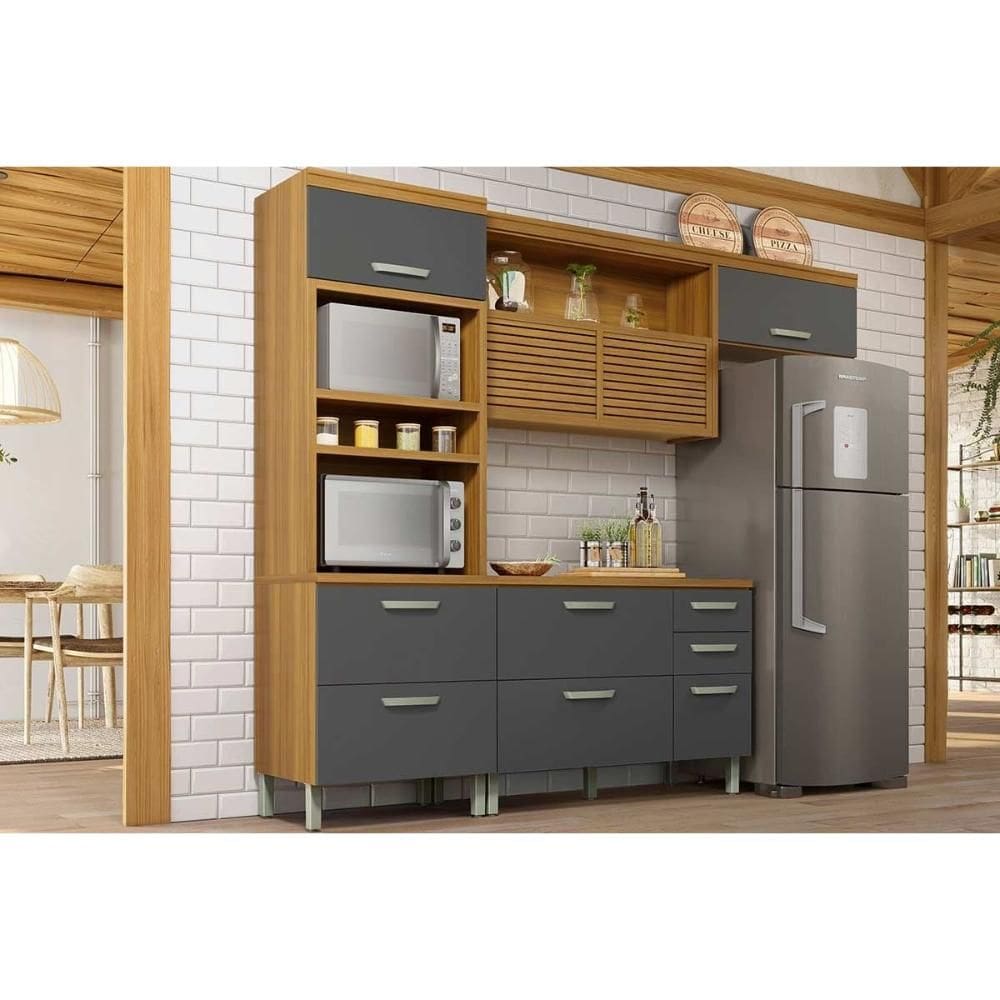 Cozinha Modulada Nesher Princesa 3 Peças (1Aéreo+1Balcão+1Paneleiro) C6P62 Freijo/Grafite-Nesher