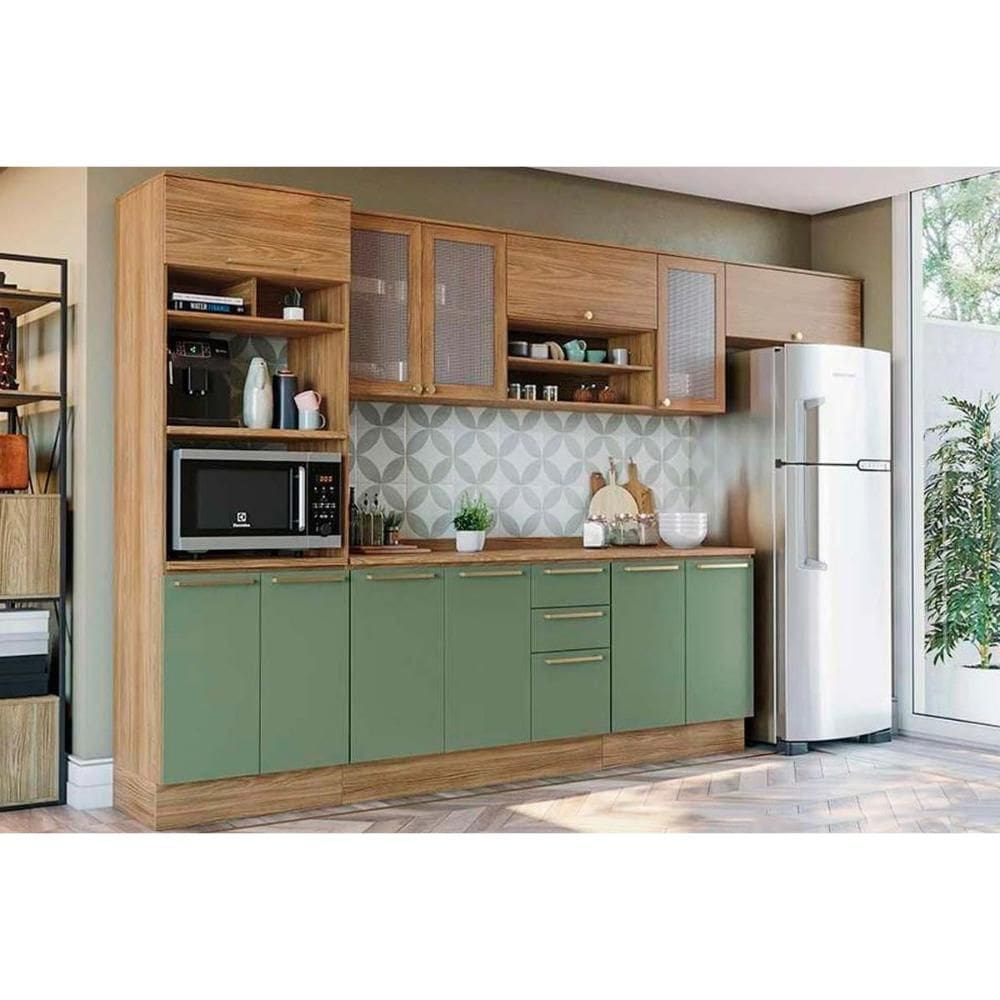 Cozinha Modulada Kappsberg Botanic Botanic 8 Peças (3Aéreos+2Balcões+1Paneleiro+2Complementos) M663 Nogueira/Verde Oliva-Kappesberg