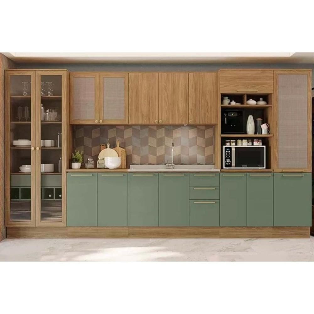 Cozinha Modulada Kappsberg Botanic Botanic 8 Peças (2Aéreos+2Balcões+3Paneleiros+1Complemento) s/Pia C8P34 Nogueira/Verde Oliva-Kappesberg