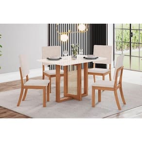 Conjunto: Mesa Sala Jantar Natalí c/ Tampo Madeirado Reto s/ Vidro 120x80cm e 4 Cadeiras Milla Nature/Off White - Linho Bege - Henn