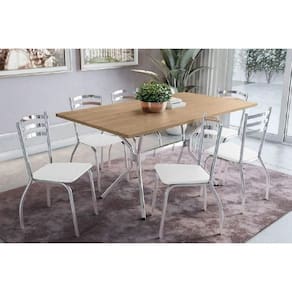 Conjunto: Mesa de Cozinha Loire c/ Tampo de Madeira 160cm e 6 Cadeiras Portugal Cromada/Nogueira - Courano Branco - Kappesberg