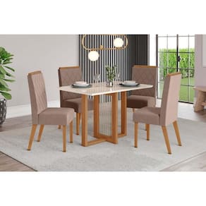 Conjunto: Mesa de Cozinha Natalí c/ Tampo Madeirado c/ Vidro Reto 120x80cm e 4 Cadeiras Nina Nature/Suede Light Marrom Amêndoa - Henn