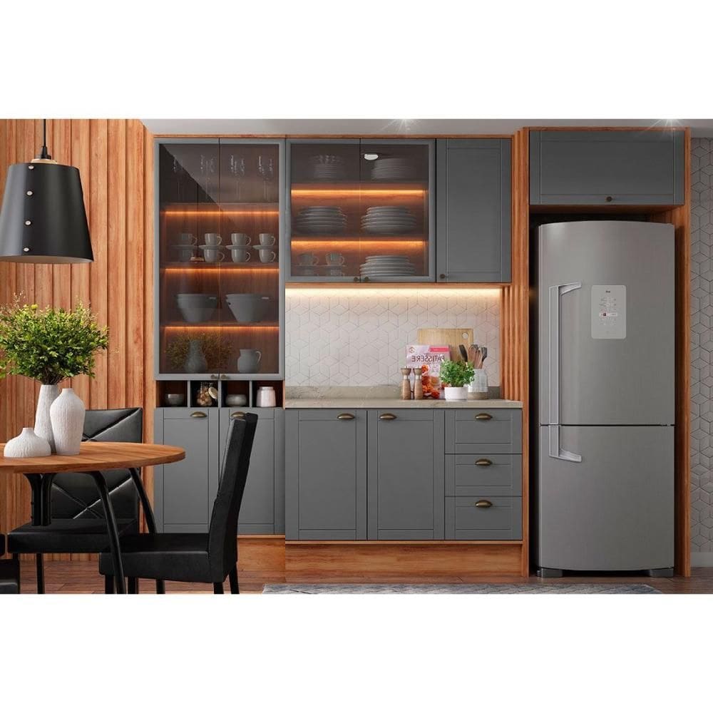 Cozinha Modulada Carraro Bella 6 Peças (2Aéreos+1Balcão+1Cristaleira+2Complementos) C6P77 Nogal/Cinza-Carraro