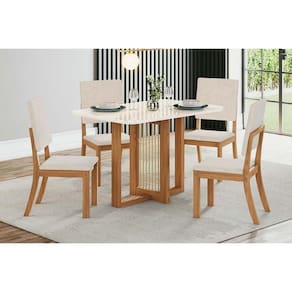 Conjunto: Mesa Sala Jantar Natalí c/ Tampo Madeirado c/ Vidro Curvo 120x80cm e 4 Cadeiras Milla Nature/Suede Light Linho - Henn