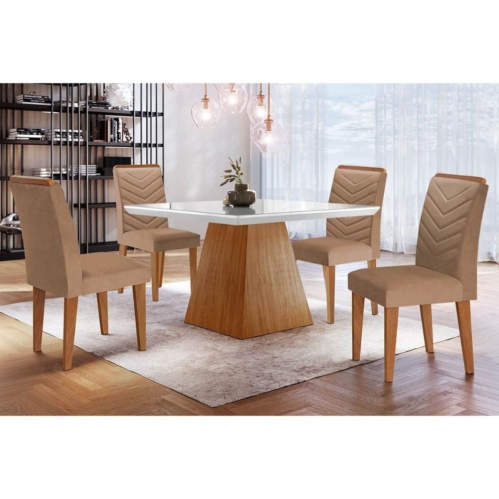 Conjunto: Mesa Sala Jantar Luna c/ Tampo Madeirado c/ Vidro Canto Curvo 90x90cm e 4 cadeiras Londrina Imbuia/Off White - Suede Capuccino - Rufato