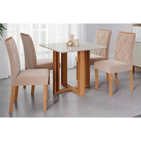 Conjunto: Mesa de Cozinha Flora c/ Tampo Madeirado c/ Vidro 95x95cm e 4 Cadeiras Fernanda Savana-Madeirado/Suede Nude Bege - Cimol